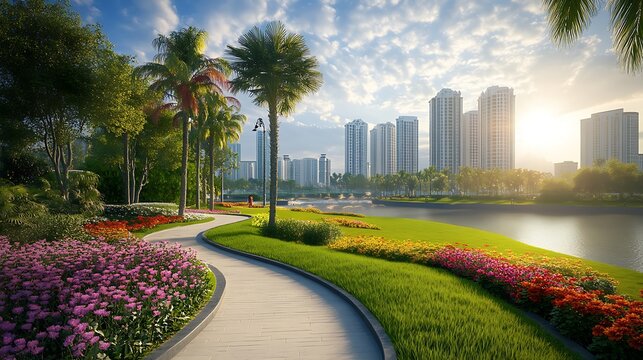 A serene city park with colorful flowers blooming along a winding path