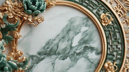 A luxurious Chinese New Year frame with jade green accents, intricate gold patterns, and a polished...