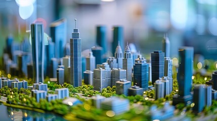 Obraz premium Miniature model showcasing a contemporary urban skyline with lush green spaces and skyscrapers
