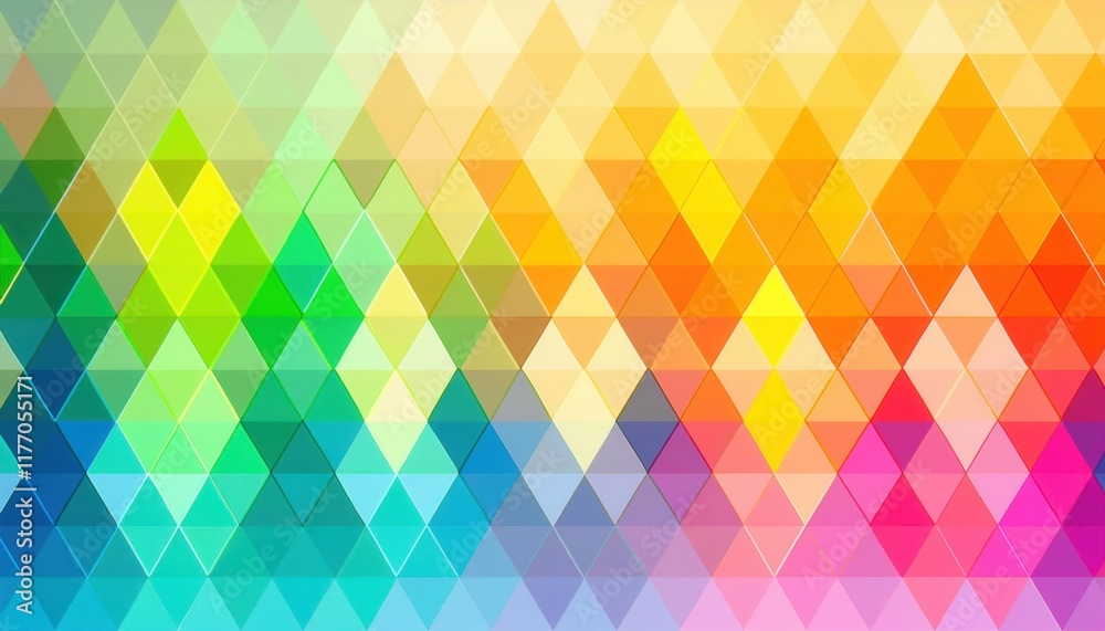 Poster vibrant triangular gradient pattern in rainbow colors perfect for digital design, web banners, abstr