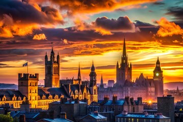 Obraz premium Aberdeen Scotland Silhouette Cityscape - Dramatic Sunset