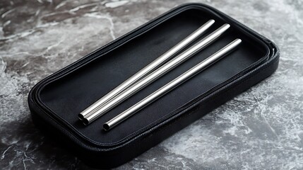 A set of reusable stainless steel straws in a sleek carrying case