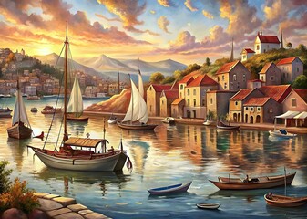 Obraz premium Sailing Sunset Reflections Charming Boats Coastal Village Art
