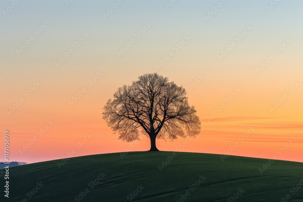 Poster sunset over a solitary tree in a tranquil field, casting long shadows and creating a serene atmosphe