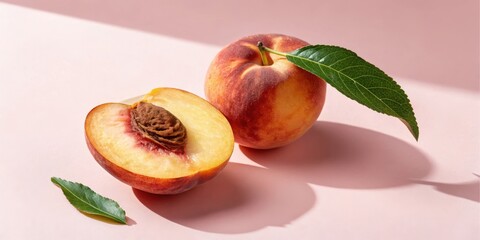 A juicy peach halved and whole with leaves on a pink background, bathed in sunlight