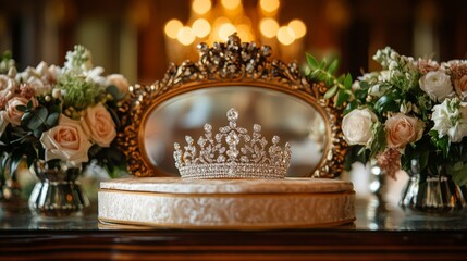 Obraz premium Elegant tiara displayed with floral arrangements in a luxurious setting
