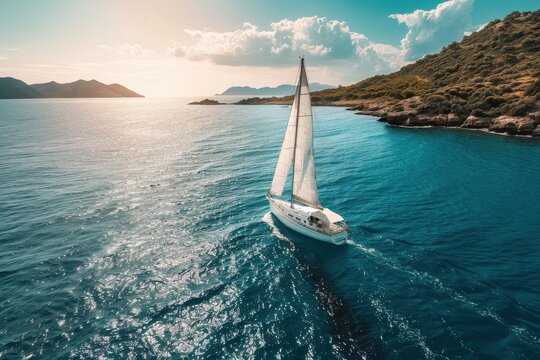 Sailing through crystal clear waters with a backdrop of mountains and fluffy clouds - Powered by Adobe