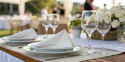 Fototapeta premium Elegant outdoor table setting with crisp white linens and glassware