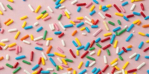 A delightful scattering of vibrant sprinkles on a soft pink background, perfect for adding a touch of whimsical charm to any baking project.