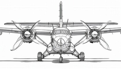 Front view line art of a twin-engine propeller aircraft. Ideal for aviation-themed designs, logos, or educational materials.