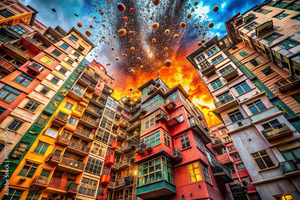 Poster abstract architectural exploding pimple forms, surreal building facade