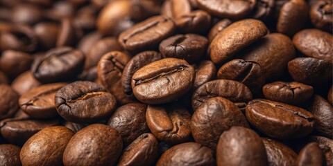 Obraz premium Close-up view of roasted coffee beans, rich brown tones and textures, showing detail of the beans' surfaces