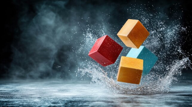 The vibrant cubes, with their sleek lines and bold colors, seem to dance against the deep, shadowy background, creating a striking display of contemporary design and innovation.