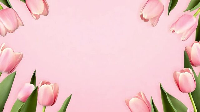 Pastel pink tulips frame background. Pink tulips flowers on pink background. spring. Happy Easter card. top view 4k video Copy space