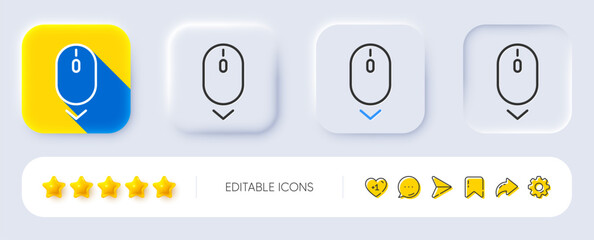 Scroll down mouse line icon. Neumorphic, Flat shadow, 3d buttons. Scrolling screen sign. Swipe page. Line scroll down icon. Social media icons. Vector © blankstock