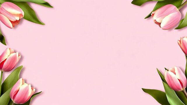 Pastel pink tulips frame background. Pink tulips flowers on pink background. spring. Happy Easter card. top view 4k video Copy space