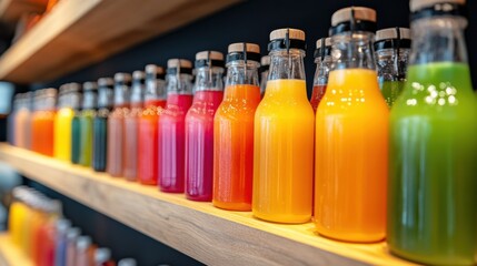 Vibrant collection of freshly made juices on display in cafe