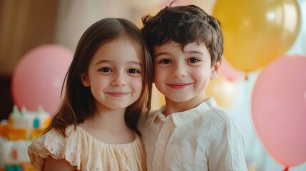 Children celebrating together at a birthday party with balloons