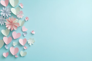 Pastel-colored paper flowers and hearts on a light blue background, offering a cheerful and creative decorative concept.