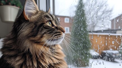 Obraz premium Cat gazes out the window on a rainy day in a cozy indoor setting