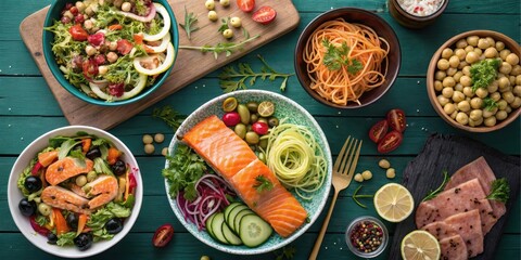 A vibrant array of healthy meal components including various salads, salmon, and noodles, beautifully arranged on a dark green wooden surface.