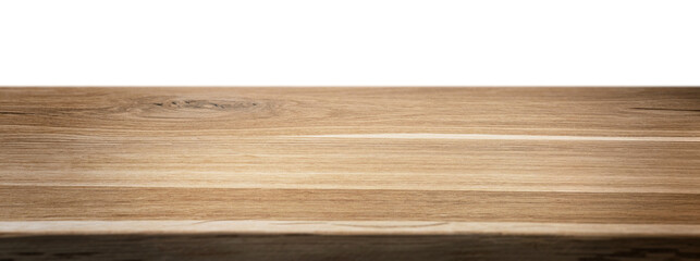 Empty rustic wood table isolated on white or transparent background. Perspective view of timber...
