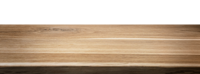 Empty rustic wood table isolated on white or transparent background. Perspective view of timber desk. Template with copy space for product display and advertising