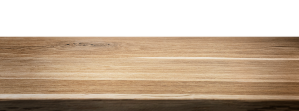 Empty rustic wood table isolated on white or transparent background. Perspective view of timber desk. Template with copy space for product display and advertising
