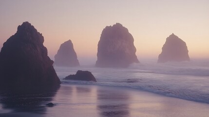 Serene Sunset at Oregon Coast: Majestic Rock Formations and Tranquil Ocean