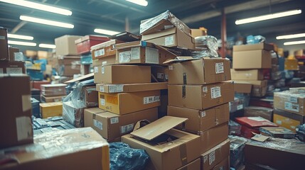 Cardboard boxes piled high in a dimly lit warehouse, suggesting storage or shipping, with more boxes in the background