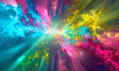 Radiant bursts of electric blue, neon green, and hot pink create a vibrant vibe