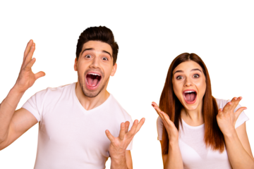 Close up photo funky amazing she her he him his couple hands arms raised air yell unbelievable luck lucky cheerleader football match wear casual white t-shirts outfit isolated yellow background