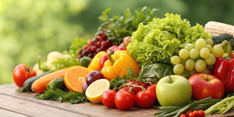 Naklejka na ściany i meble A vibrant assortment of fresh produce, showcasing a colorful array of fruits and vegetables on a rustic wooden surface.
