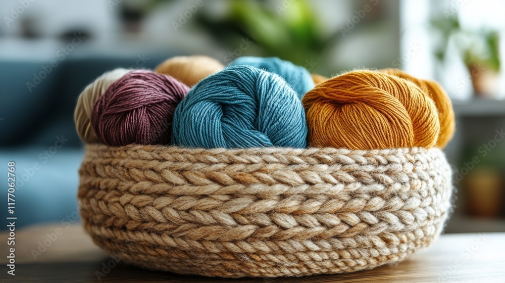 Sticker Colorful yarn balls displayed in a woven basket at a craft store in a cozy setting