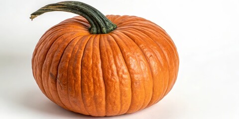 Obraz premium A single, ripe pumpkin with a deeply ridged surface and a sturdy stem rests on a plain white background.