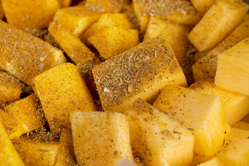 orange pumpkin fruit details cut into pieces for cooking