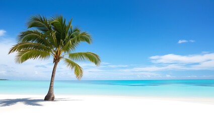 Obraz premium A coast beautiful nature scene with wave, palm tree, sand in summer vacation