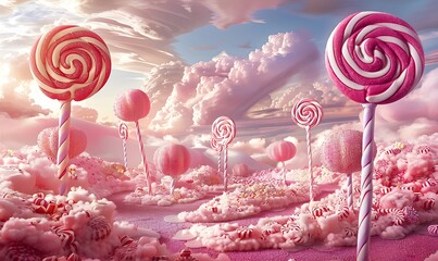 Cotton candy clouds float above a landscape of lollipops and candy canes
