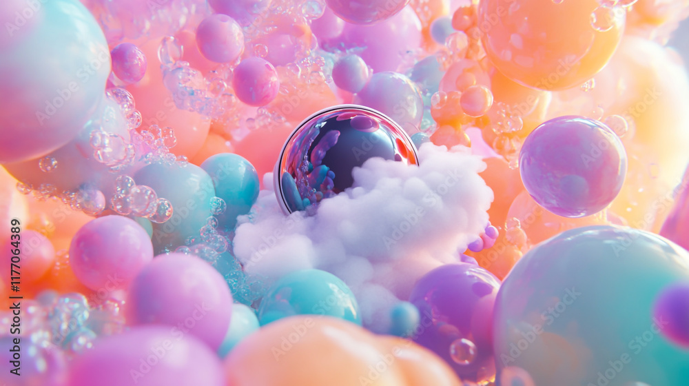 Wall mural 3d of a colorful space with swirling colors and bubbles, an astronaut floating in the center wearing