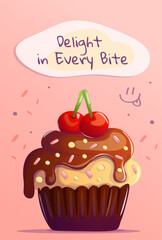 A charming postcard featuring a Banana Split cupcake with chocolate frosting, colorful sprinkles, and cherries on top. The text 'Every bite is a tasty delight' adds a cheerful and sweet vibe.