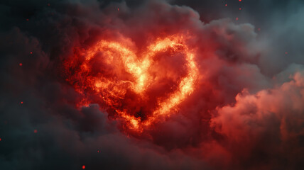 A glowing heart engulfed in flames, surrounded by smoky clouds, representing passion, love, and burning intensity.
