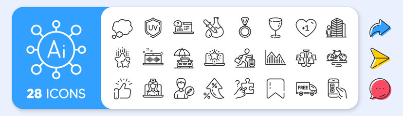 Glass, Free delivery and Investment graph line icons. Interest rate, AI generate, Inflation icons. Pack of Talk bubble, Ranking stars, Medal icon. Vector