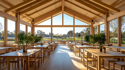 Obraz premium Sunlit restaurant interior with large windows, wooden tables, chairs, and high ceilings.