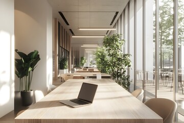 Laptop on Sleek Wooden Table in Bright and Airy Coworking Space