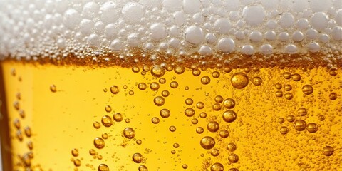 A Close-Up View of Golden Beverage with Abundant Carbonation and a Thick Head of Foam