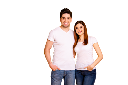 Close up photo funny amazing beautiful she her he him his guy lady standing hugging sincere beaming smile easy-going best fellows buddies wear casual white t-shirts outfit isolated yellow background