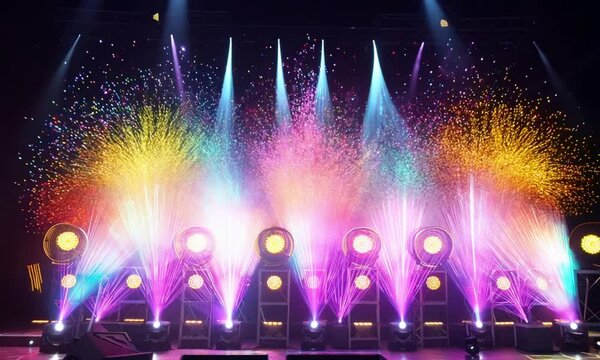 A dramatic empty scene featuring spotlights and colorful smoke effects, colorful neon concert lighting background. generative ai 