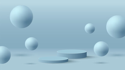 3D background blue podium product display with bounce sphere ball or floating bubble wall scene.