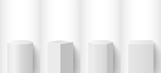 Museum scene Realistic podium of cubes, 3d exhibits. Gallery of geometric blanks for products.