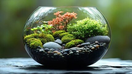 Vibrant miniature garden in a glass terrarium showcasing seasonal colors and textures indoors